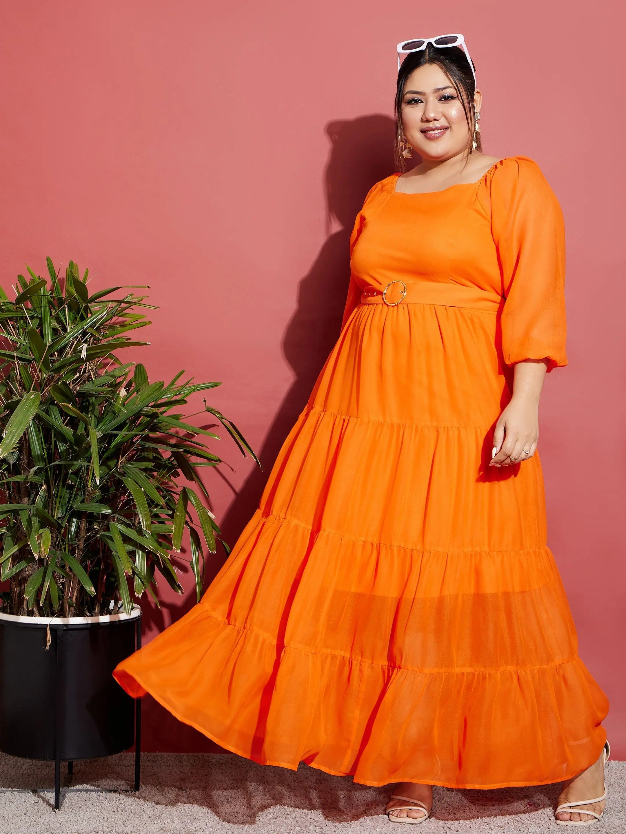 Free Spirited Fashion Women Orange Off Shoulder Tiered Belted Maxi Dress