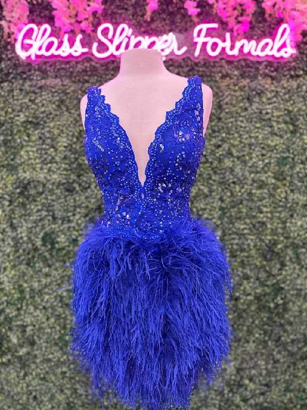 Women's Formal Event Clothing Johnathan Kayne 2314 size 10 Royal  Cocktail Dress Lace V Neckline Full Feather Short Skirt