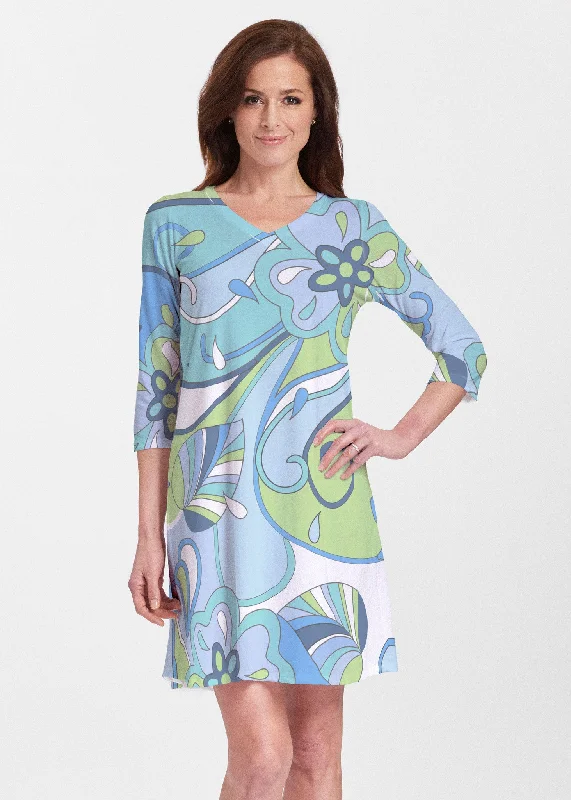 Casual Fashion Floral Spritz Turquoise (22093) ~ Classic V-neck Swing Dress