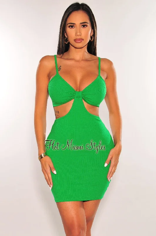 Gorgeous Glamour Collection Kelly Green Ribbed Spaghetti Straps Knotted Cut Out Mini Dress