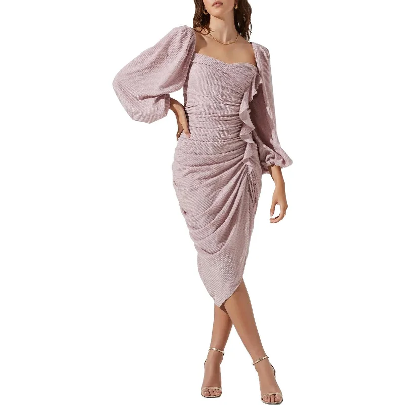 Wardrobe Essentials ASTR The Label Athens Women's Ruched Ruffled Blouson Sleeve Midi Dress