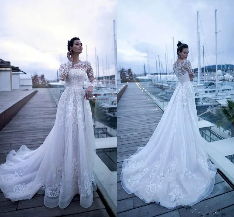 Women's Urban Fashion Roycebridal Wedding Dresses Lace Applique Long Sleeve O-neck