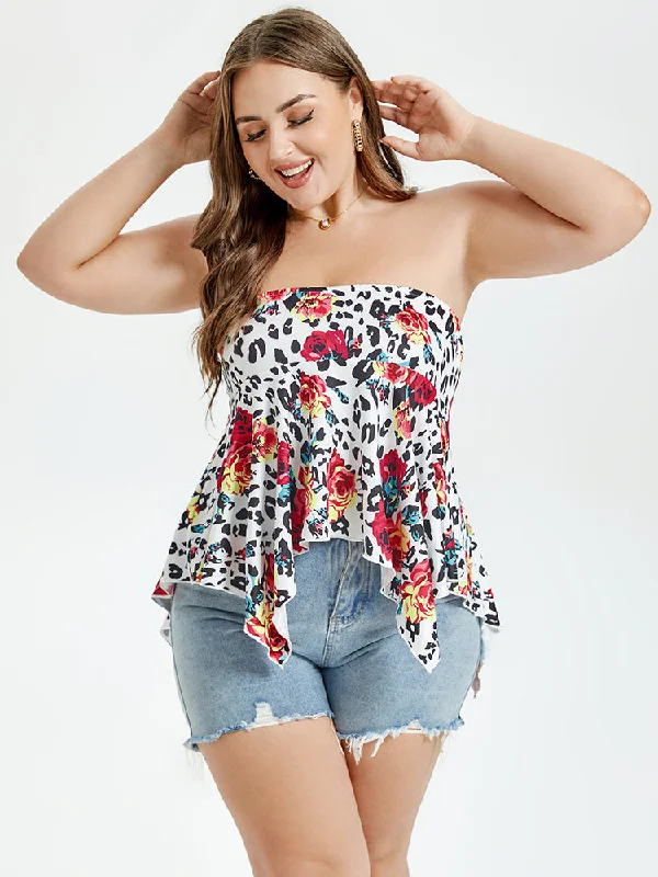 Women Wear Brands Floral & Leopard Print Ruffle Disty Tube Top