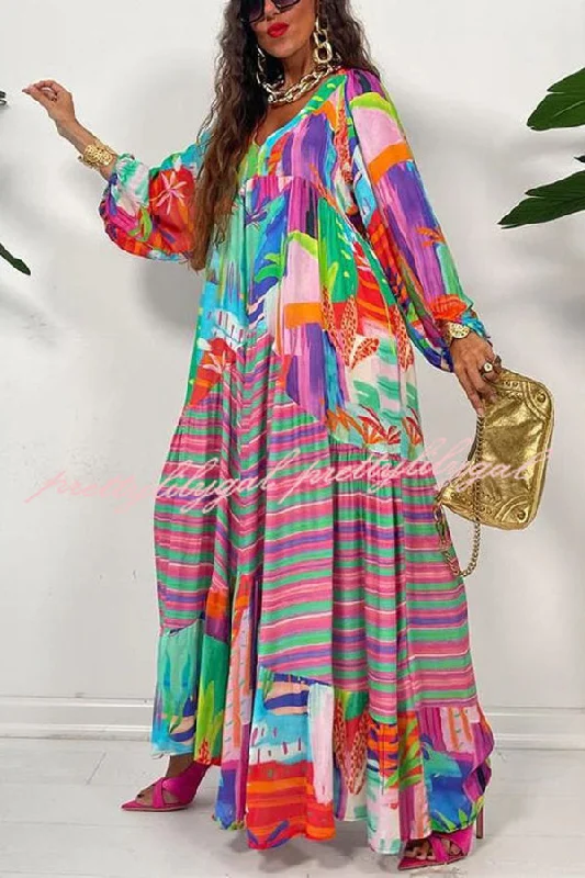 Clothes Sales Bloom with A View Colorful Geometric Swing Maxi Dress