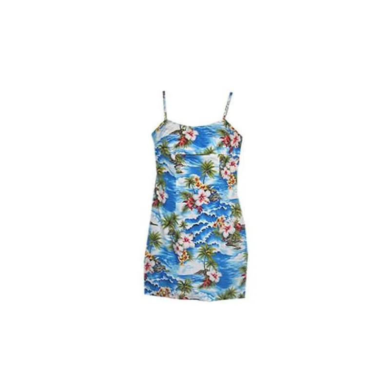 Extreme Clearance Deals Lagoon Blue Short Hawaiian Skinny Strap Floral Dress