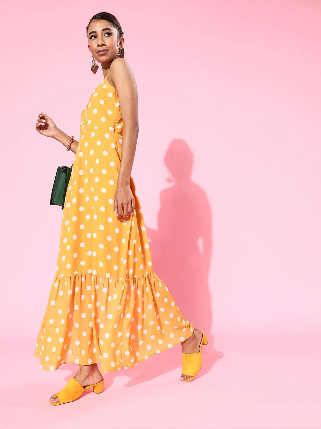 Boutique Dress Online Mustard Polka Strappy Sweetheart Neck Maxi Dress