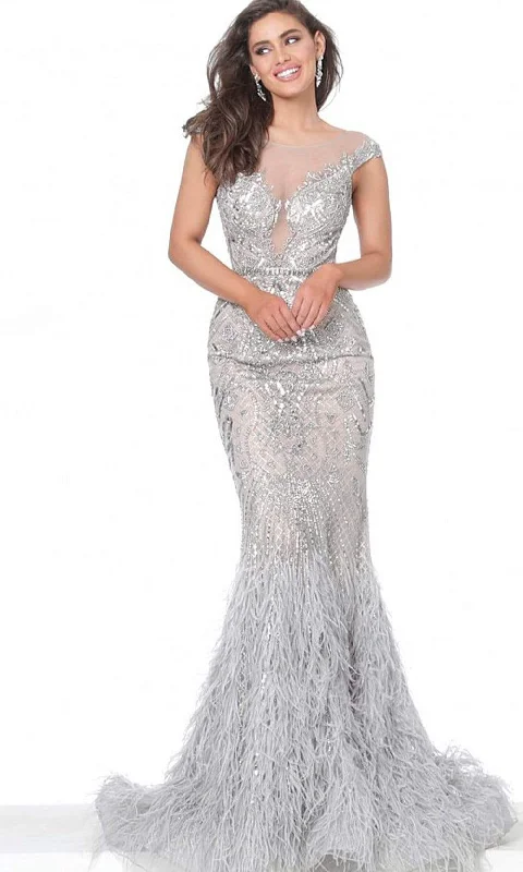 Relaxed Style Jovani - 00880 Metallic Ornate Feather-Fringed Flare Gown