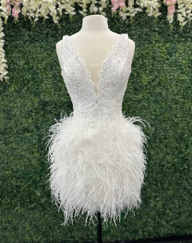Premium Quality Garments Johnathan Kayne 2314 size 6, 8 White  Cocktail Dress Lace V Neckline Full Feather Short Skirt