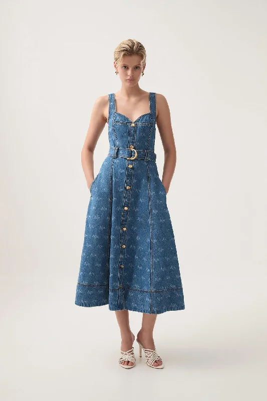 Premium Style Ratio Logo Denim Midi Dress