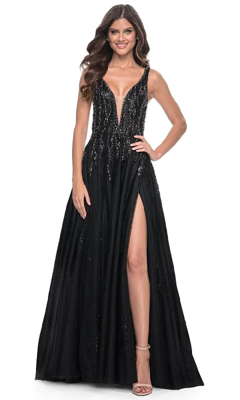 Comfortable Casual Women’s Clothing La Femme 32345 - Plunging V-Neck Rhinestone Embellished Prom Gown