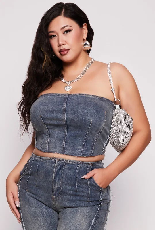 Outfits For Girls Plus Size Denim Acid Wash Smocked Back Tube Top