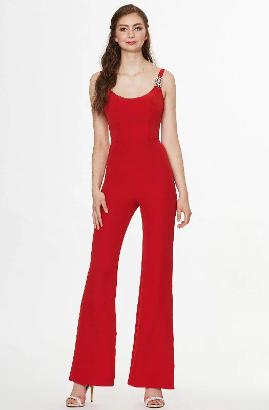 Casual Fashion Angela & Alison - 91008 Brooch Accented Flared Jumpsuit