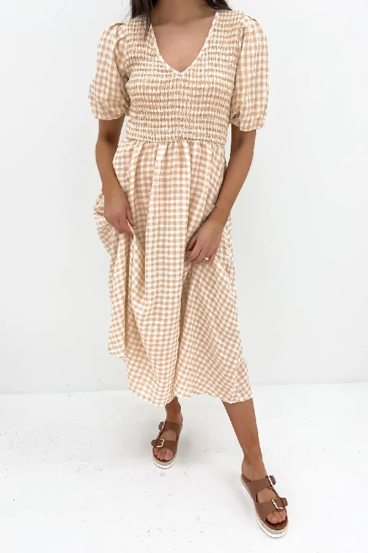 City Fashion Keisha Midi Dress Beige Gingham