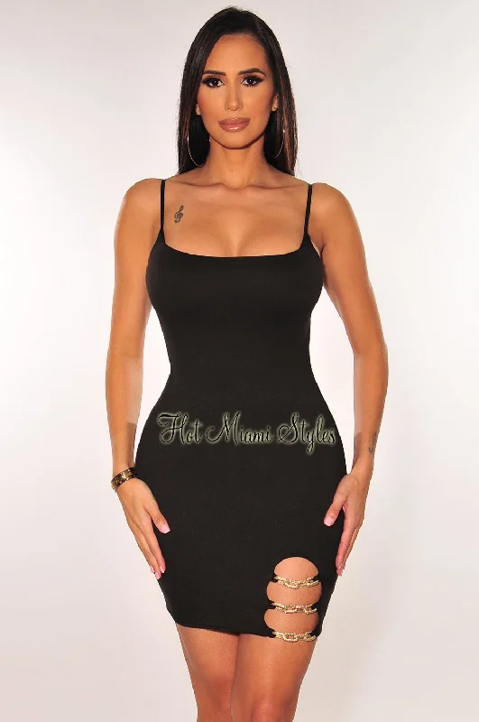 Exclusive Sale Black Spaghetti Straps Gold Chain Mini Dress