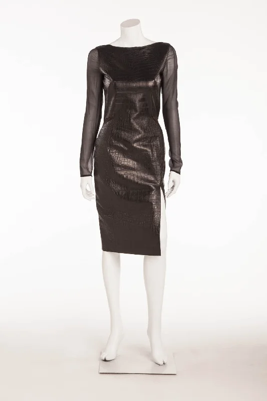 Current Trends Emilio Pucci - Brand New with Tags Black Alligator Embossed Mini Dress Sheer Sleeves - IT 42