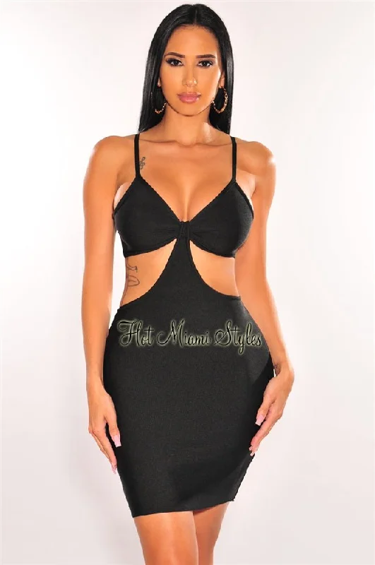 Trendy Women's Wear Collection Black Bandage Spaghetti Straps Knotted Cut Out Mini Dress