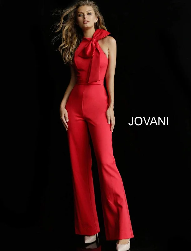 Preppy Style Jovani 63523ASC - Bow Accent High Halter Jumpsuit