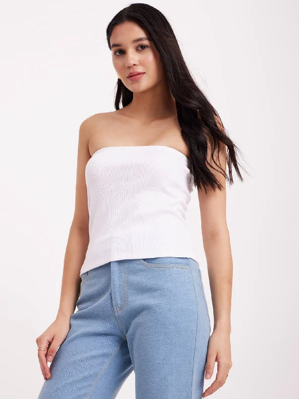 Evening Looks Off-Shoulder Rib Knit Tube Top - White