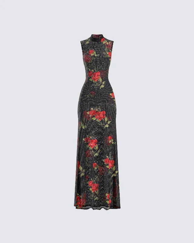 Chic Casual Style Tata Rose Print Mesh Maxi Dress