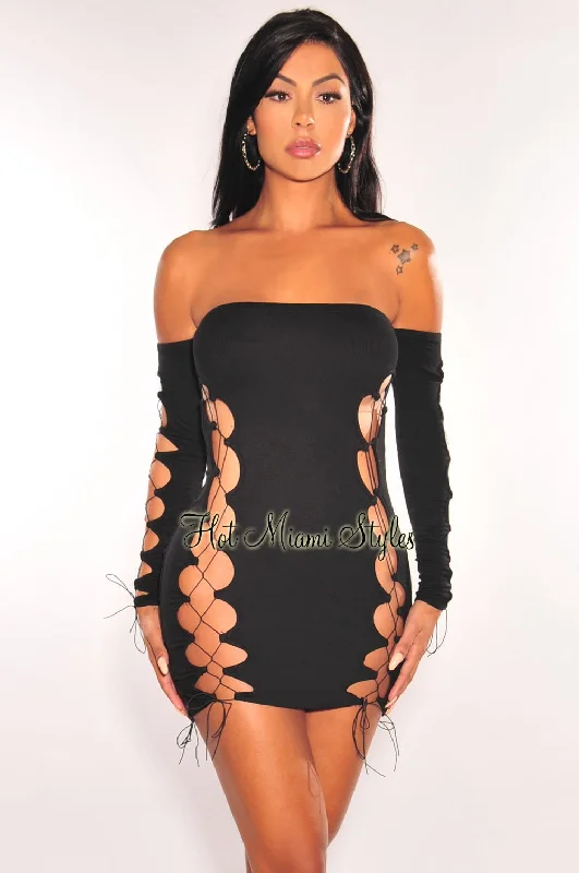 Stylish Looks Black Off Shoulder Long Sleeve Lace Up Mini Dress