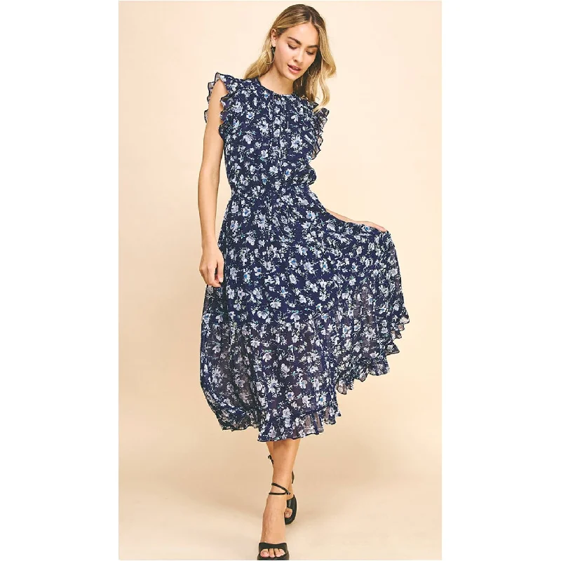 Fashion Sale Basha Navy Floral Midi PINCH Dress