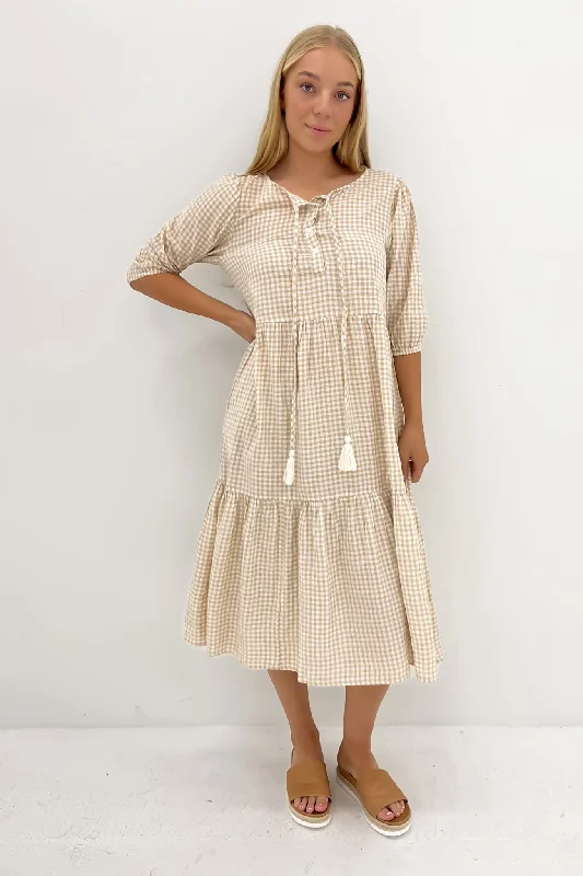 Trendy Outfits For Ladies Eydie Midi Dress Latte Gingham