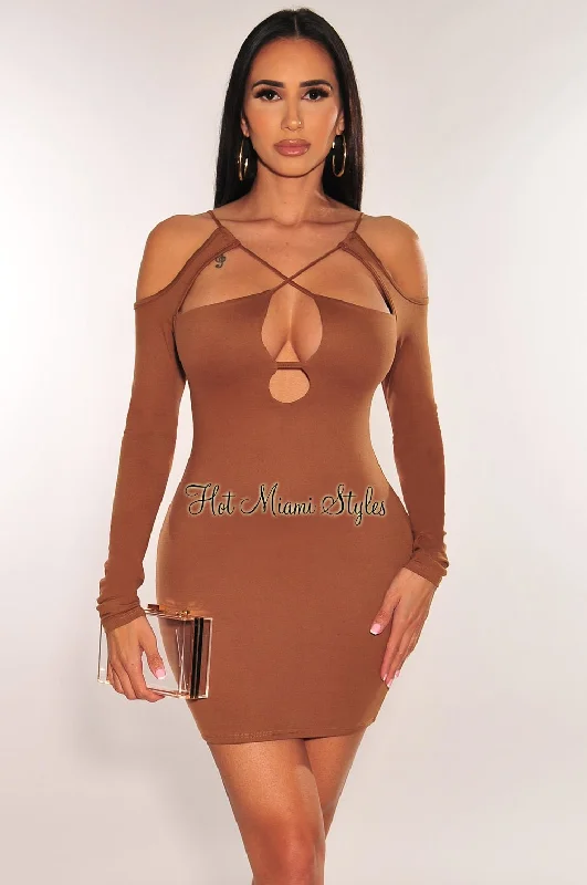 Seasonal Fashion Caramel Cut Out CrissCross Long Sleeve Mini Dress