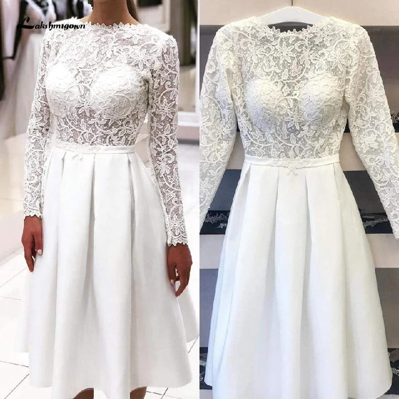 End Of Season Sale Roycebridal Vintage Wedding Dress Short Elegant Lace Appliques Long Sleeve