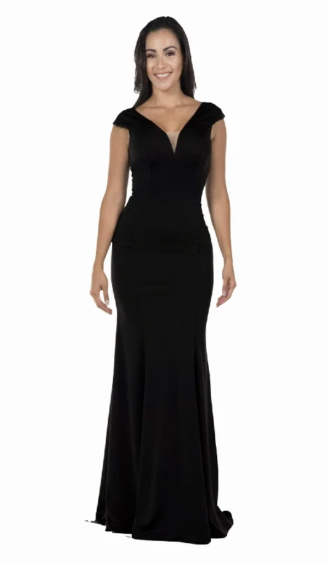 Affordable Online Boutique Poly USA - 8290 Cap Sleeve Deep V-Neck Sheath Gown