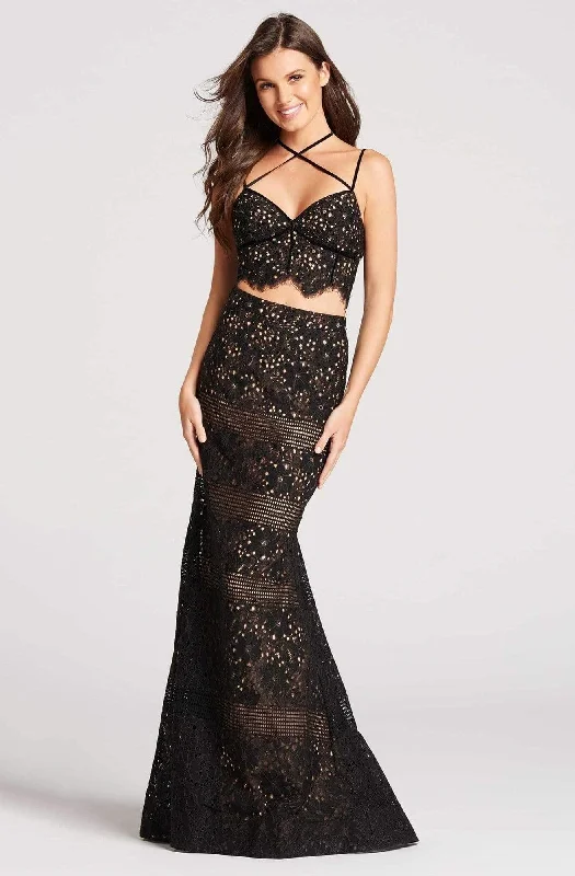 Trendy Boutiques Online Ellie Wilde - Two Piece Crisscross Fitted Trumpet Gown EW118058 - 1 pc Black/Nude In Size 6 Available