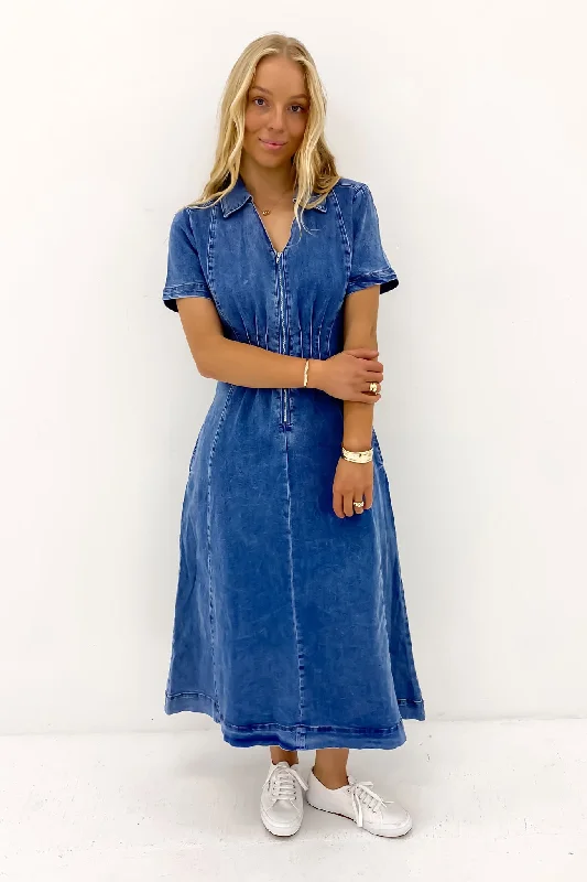 Chic Casual Style Drew Denim Midi Dress Mid Blue