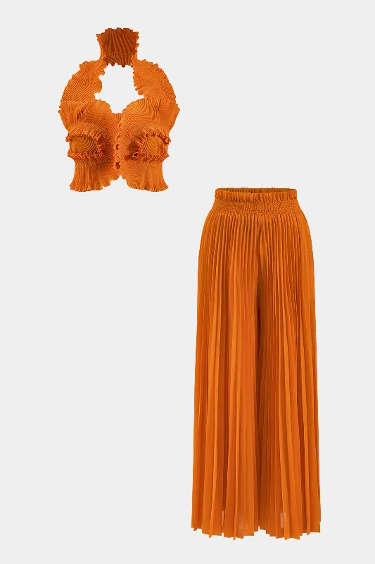 Colorful Clothing Halter Neck Ruffle Tube Top And High Waist Pleated Wide Leg Trousers Set