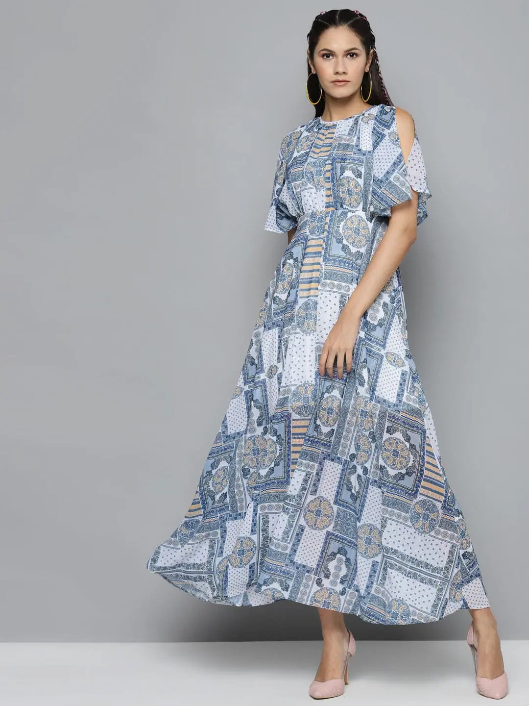 Holiday Gift Guide Sale Blue Patch Print Maxi Dress