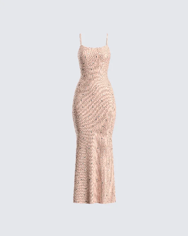 End Of Season Sale Lan Nude Rhinestone Maxi Dress