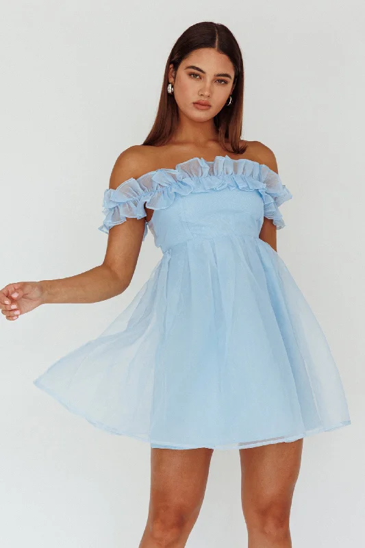 Trendy Outfits For Ladies Dreamers Off-Shoulder Frill Mini Dress Light Blue