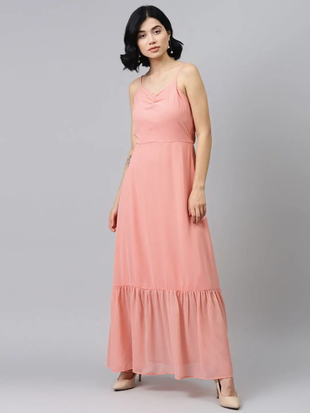 Fashion Essentials Pink Strappy Frilled Hem Maxi Dress