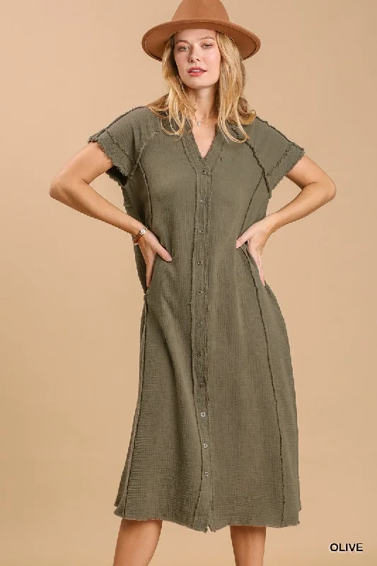 Elegant Attire For The Modern Lady Split neck button down midi dress with no lining