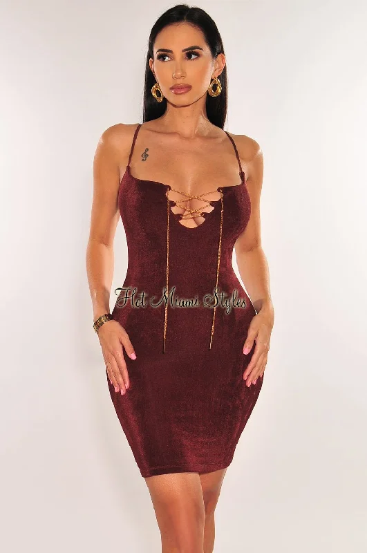 Limited Styles Chocolate Shimmery Spaghetti Strap Gold Chain Lace Up Mini Dress