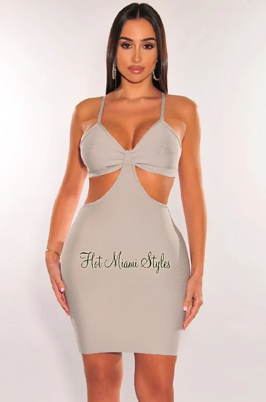 Fashion Forward, Function First Light Gray Bandage Spaghetti Straps Knotted Cut Out Mini Dress