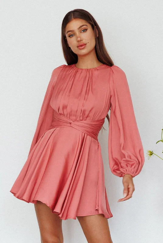 Elegant Women’s Clothing Leia Long Sleeve Waist Tie Mini Dress Rose