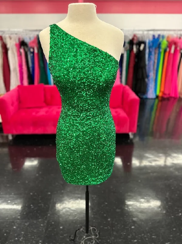 Graceful Fashion Amarra 87439 Size 8 Emerald Short Fitted Sequin One Shoulder Homecoming Cocktail Dress Formal Gown