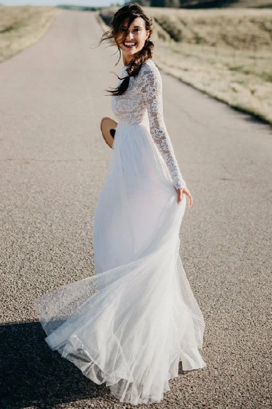 Rocker Chic Fashion Roycebridal White Lace Tulle Long Sleeves Beach Wedding Dresses, Bridal Dress, MW570