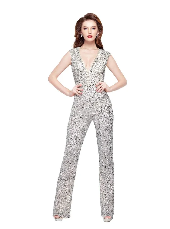 Stylish Savings Primavera Couture 3071  Sequined Plunging Fitted Jumpsuit - 1 pc Nude in size 8 Available