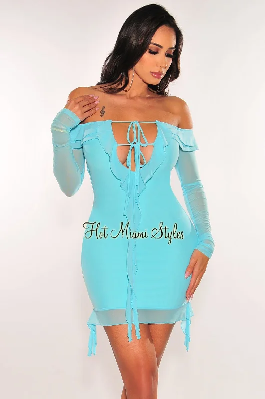 Stylish Statements Turquoise Mesh Off Shoulder Tie Up Long Sleeve Ruffle Mini Dress