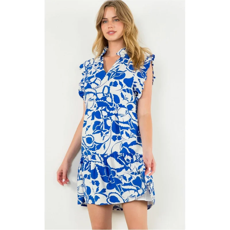 Day To Night Styles Chelsea Blue White Floral Print THML Dress