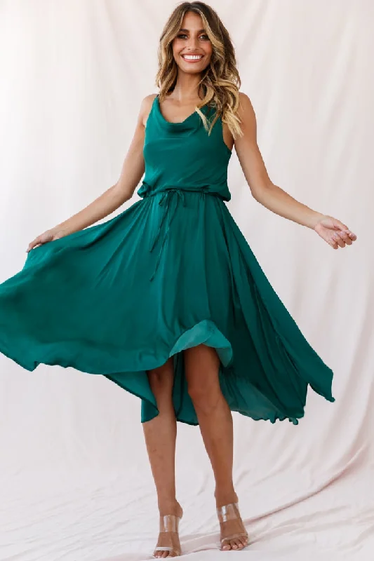 Clothing Sales Ava Cowl Neck Drawstring Midi Dress Forest Green