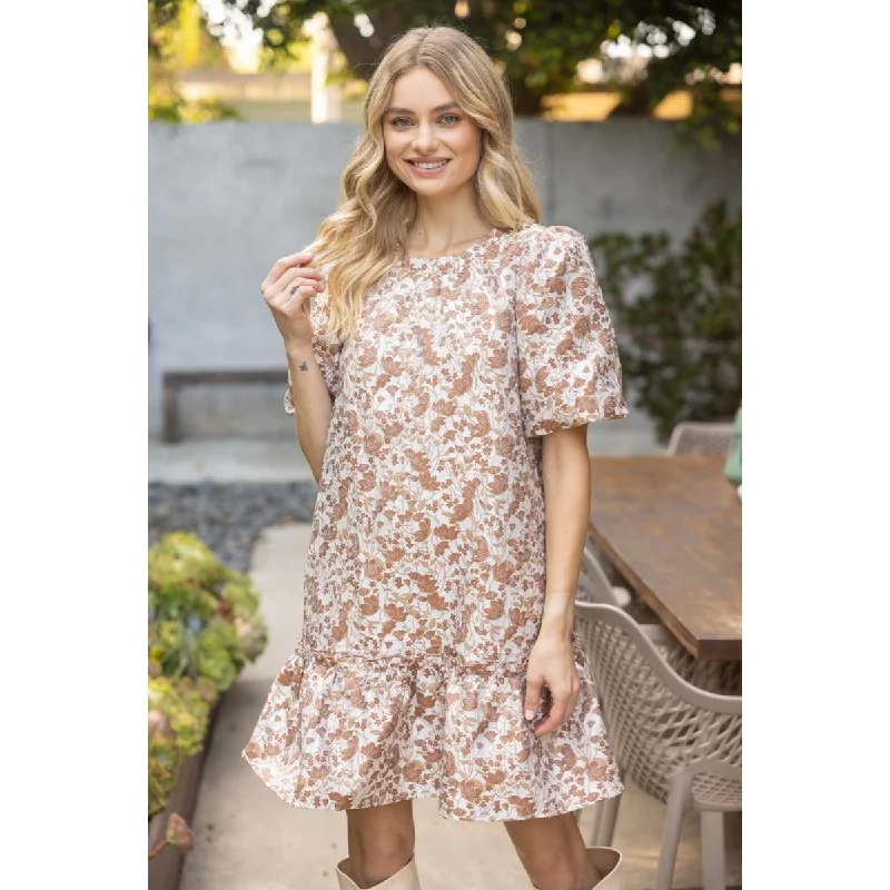 Wardrobe Upgrade Adley Floral Jaquard Puff Sleeve VOY Dress-SALE