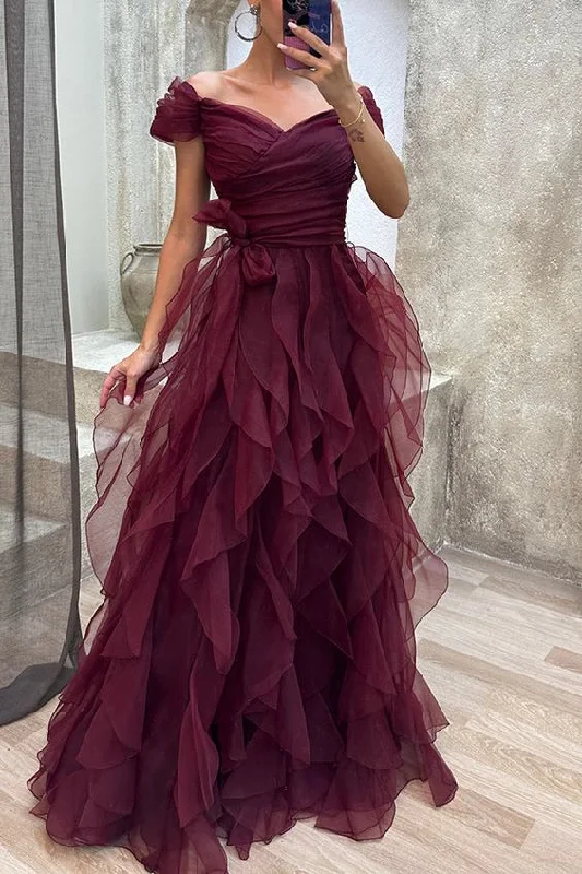 Trendy Boutiques Online Burgundy Tulle Off Shoulder Tiered Ruffle Evening Maxi Dress gh2784