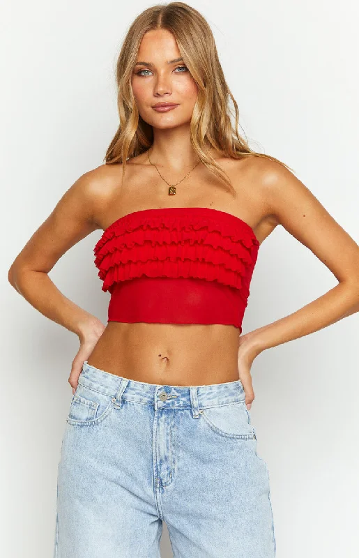 Relaxed Style Rumba Rouge Red Ruffle Tube Top