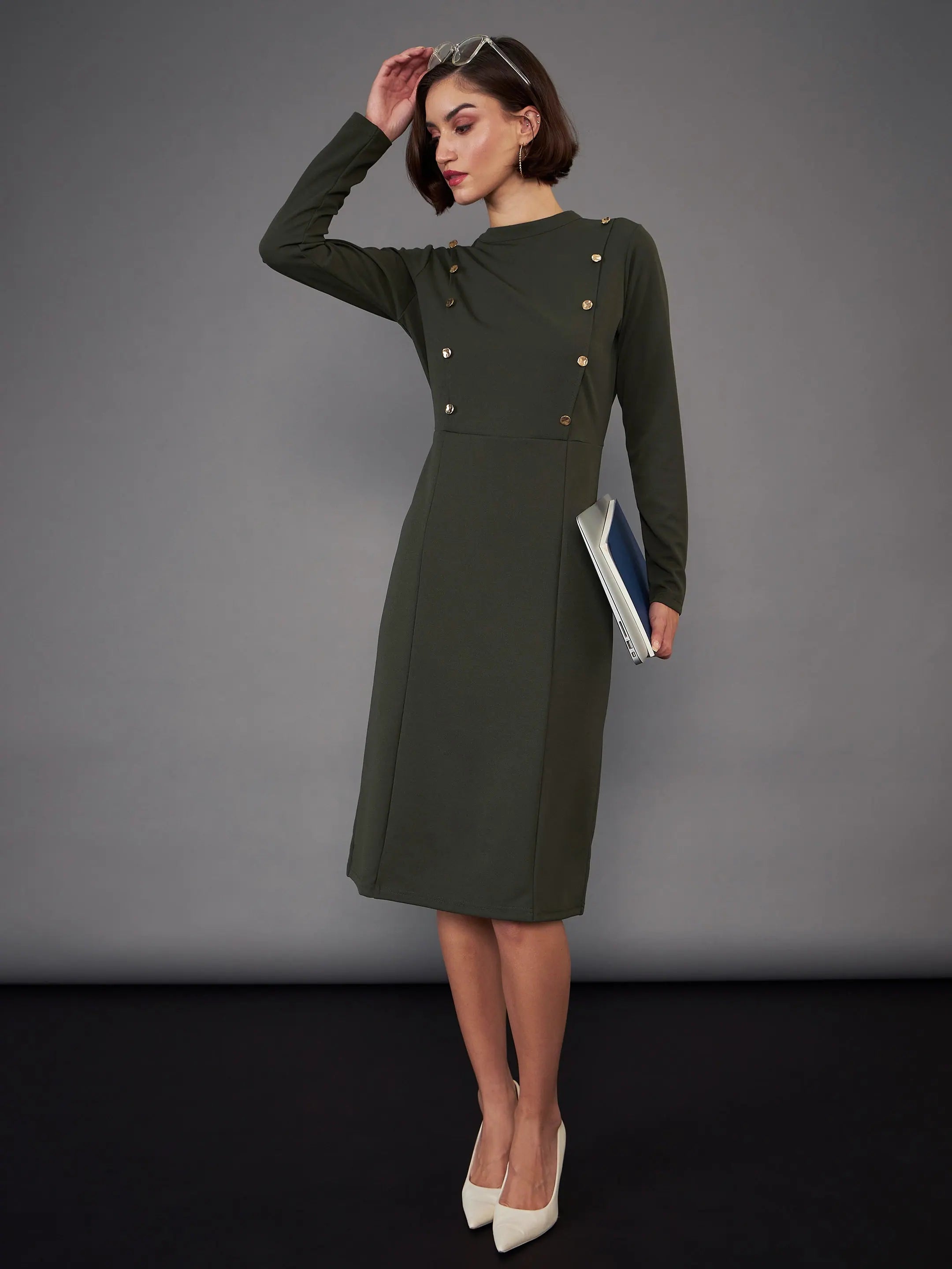 Clothing Sales Women Olive Button Yoke Belted Midi Dress